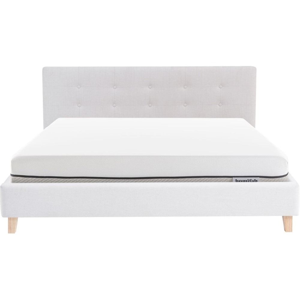 Lit adulte 180x200 en tissu beige + Matelas ressorts ensachés
