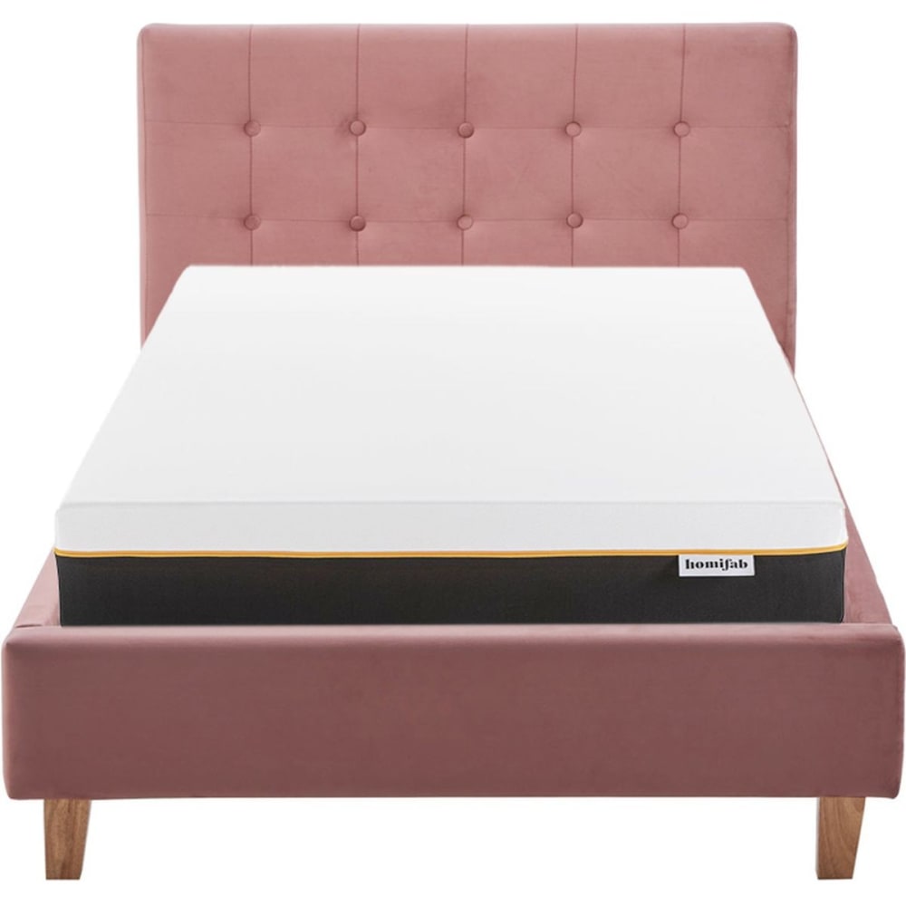 Lit adulte 90x190 en velours vieux rose + Matelas mémoire de forme