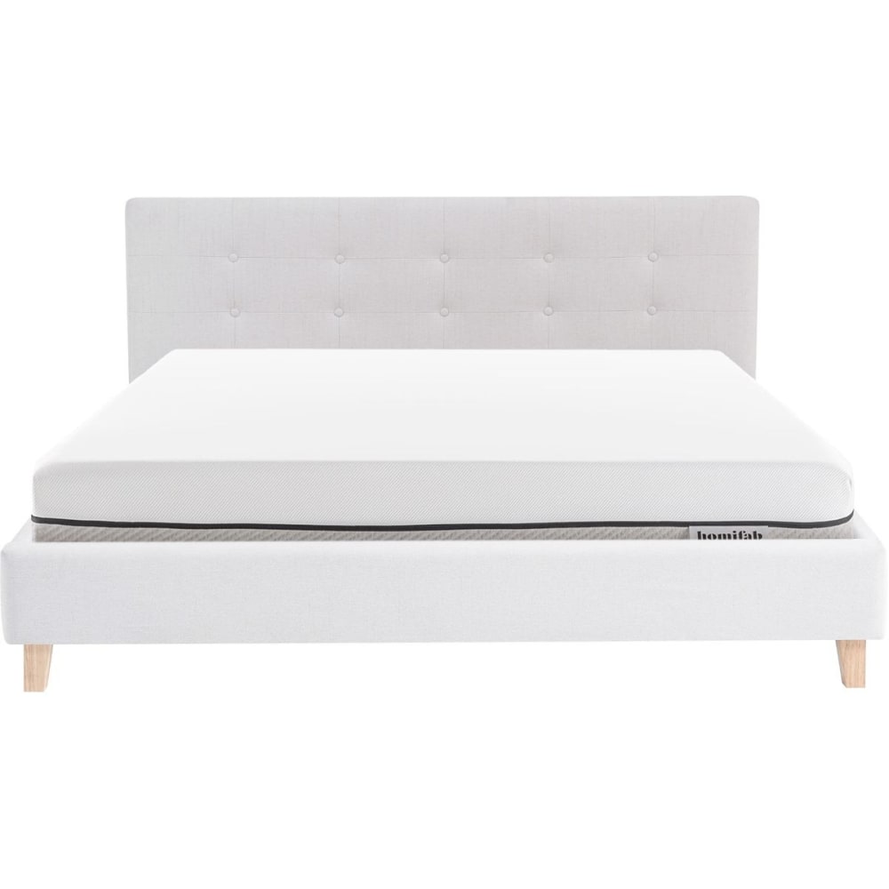Lit adulte 160x200 en tissu beige + Matelas ressorts ensachés