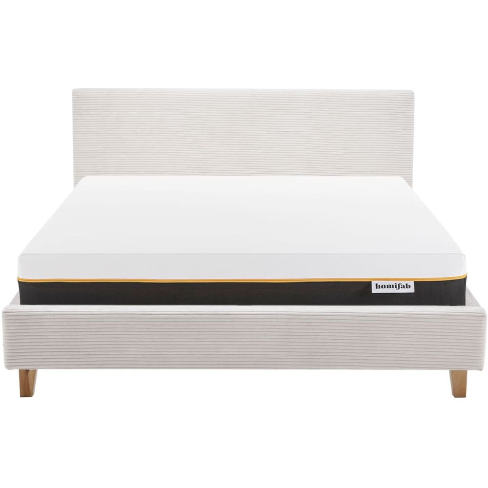 Lit adulte 160x200 en velours côtelé beige + Matelas mémoire de forme