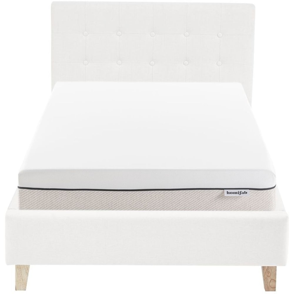 Lit adulte 90x190 en tissu beige + Matelas ressorts ensachés