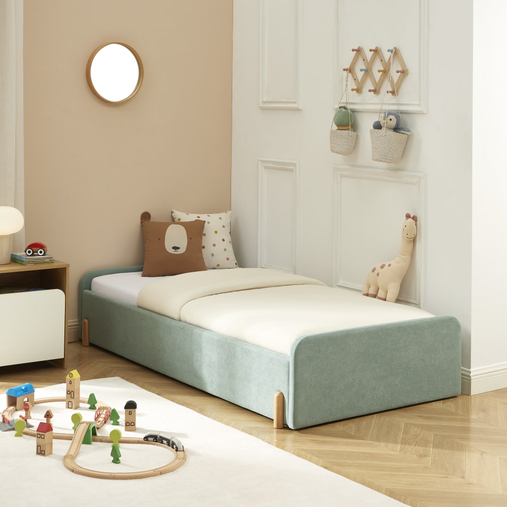 Lit enfant  tissu vert 90x190 sommier inclus (Baita) - Image 1