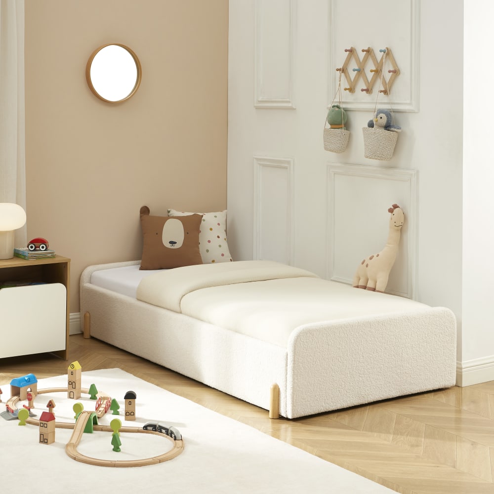 Lit enfant  tissu bouclette beige  90x190 sommier inclus (Baita) - Image 1