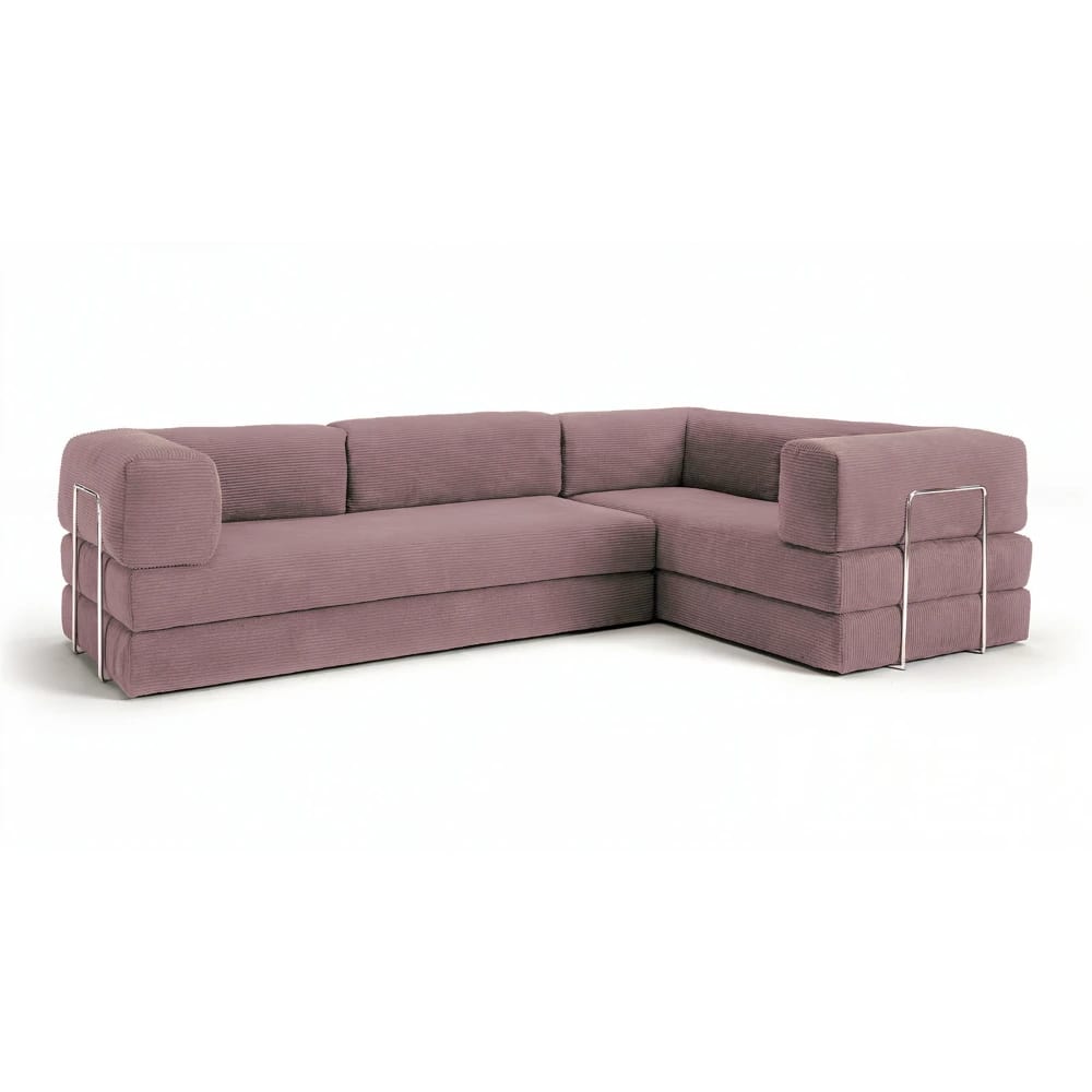 Canapé compressé 5 places angle modulable en velours côtelé rose