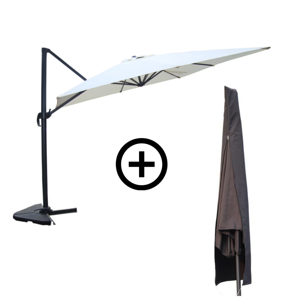 Parasol rectangulaire 3x4m déporté rotatif écru avec housse