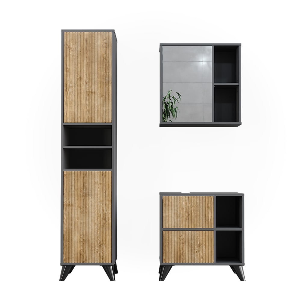 Vicco Badmöbel-Set 3-teilig Anthrazit/Goldkraft Eiche 60x62cm style modern Grau Spanplatte