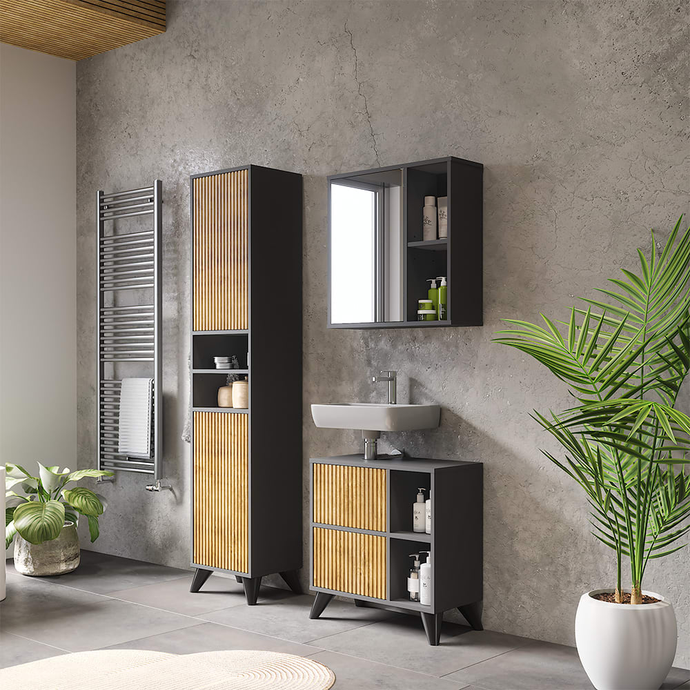 Badmöbel-Set 3-teilig Anthrazit/Goldkraft Eiche 60x62cm - Maisons