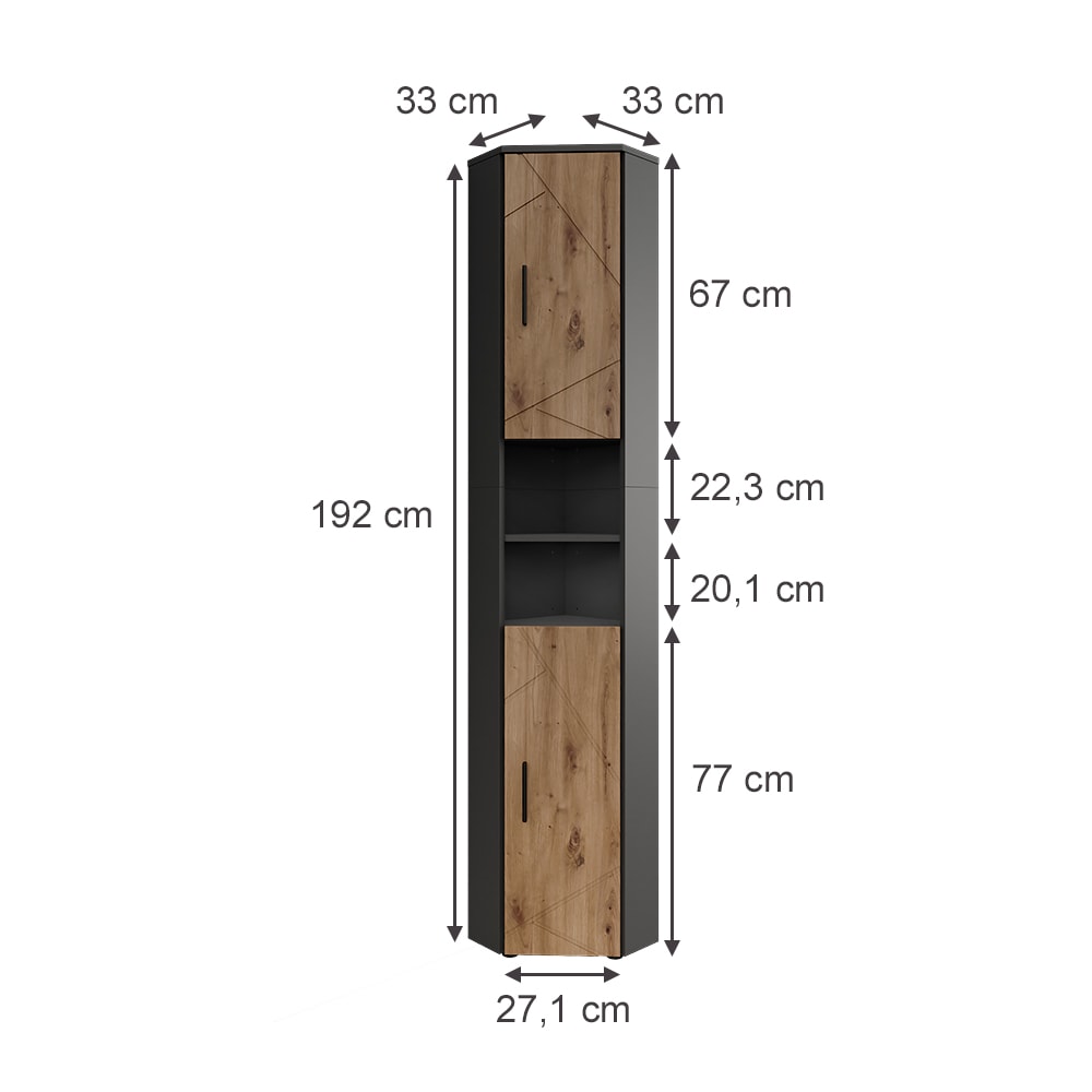 Hochschrank mit 2 Türen Anthrazit/Goldkraft Eiche 33x192cm -