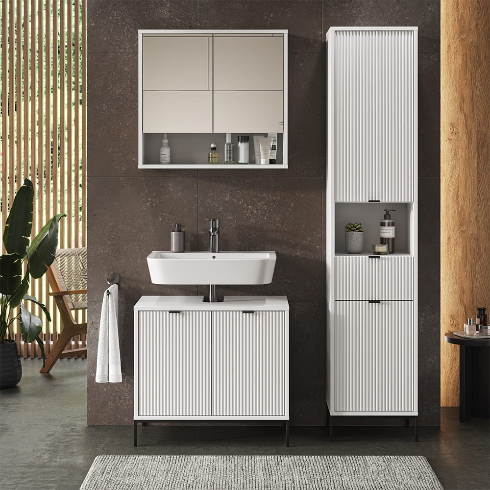 Badschrank mit Türen, und Schublade Weiß 40x190cm - Maisons Du