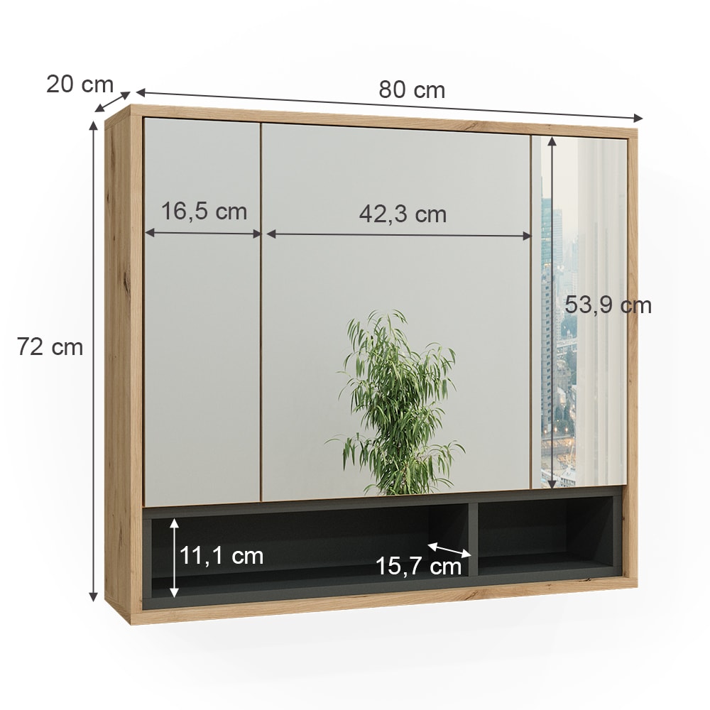Badspiegelschrank, Artisan Eiche/Anthrazit 80 x 72cm - Maisons Du