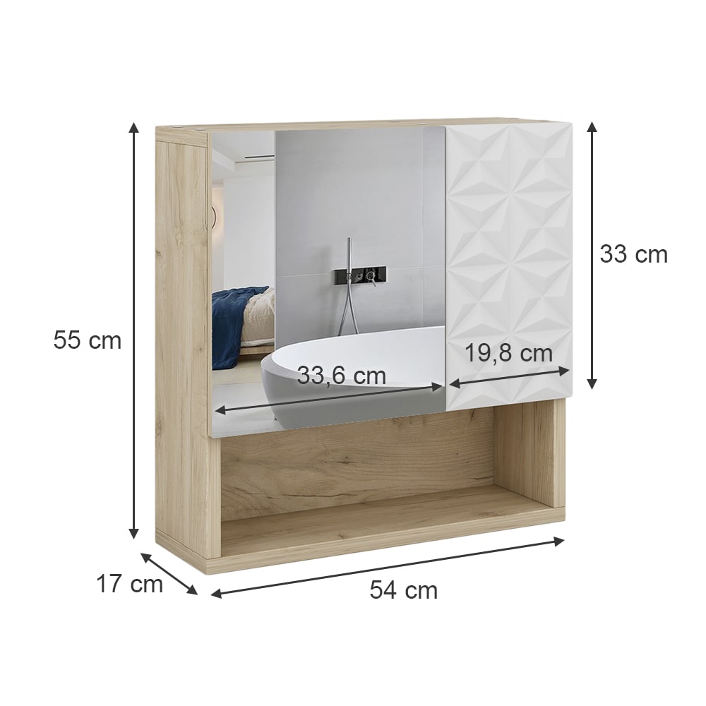 Badspiegelschrank mit Tür und offenen Fächern Weiß 54x55cm -