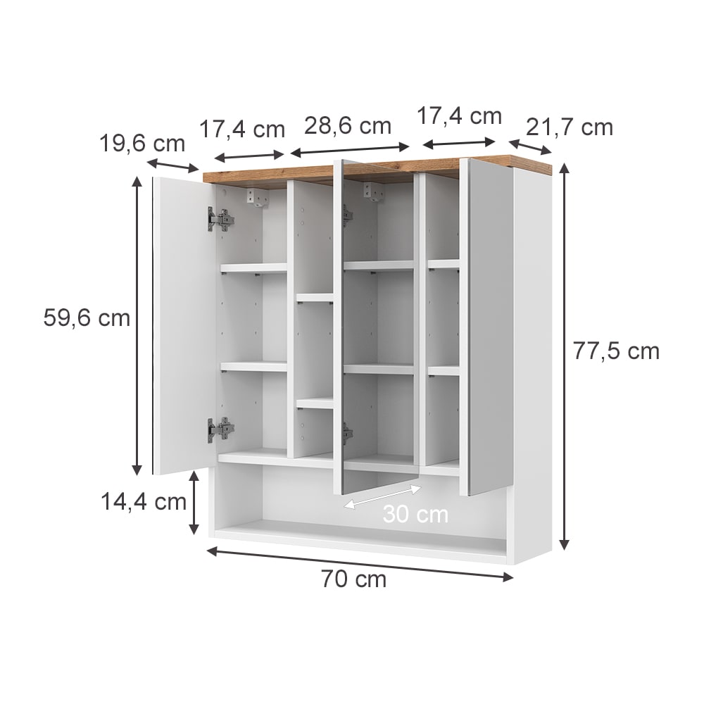 Badspiegelschrank mit 3 Türen, Weiß 70 x 77.5cm - Maisons Du