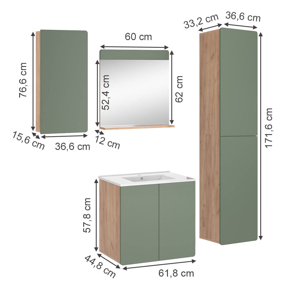 Badmöbel-Set 5-teilig Goldkraft Eiche/Grün 60x57.8cm - Maisons Du