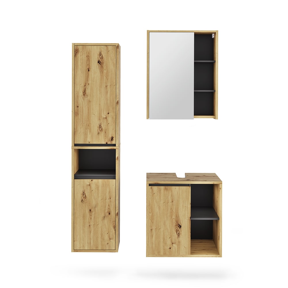 Vicco Badmöbel-Set 3-teilig Artisan-Eiche/Grau 60x60cm style modern Braun Spanplatte