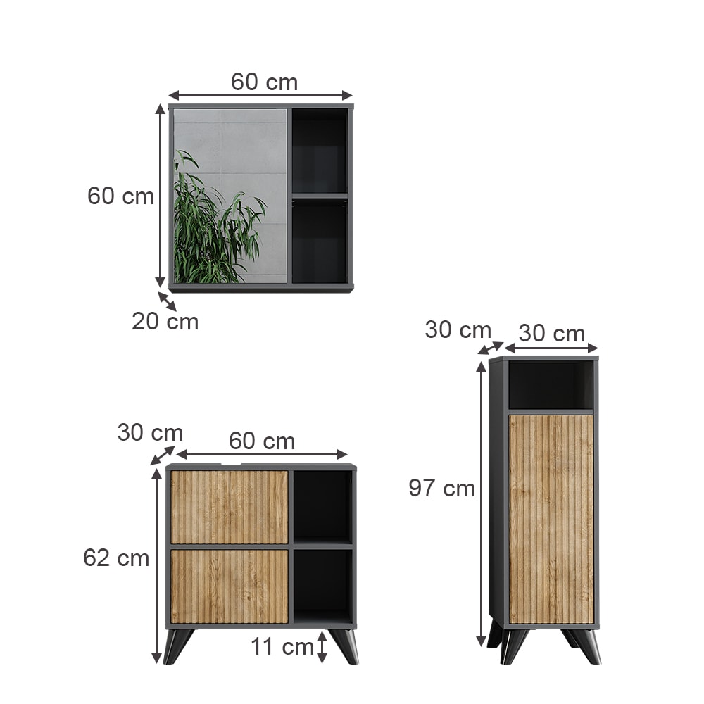 Badmöbel-Set 3-teilig Anthrazit/Goldkraft Eiche 60x62cm - Maisons