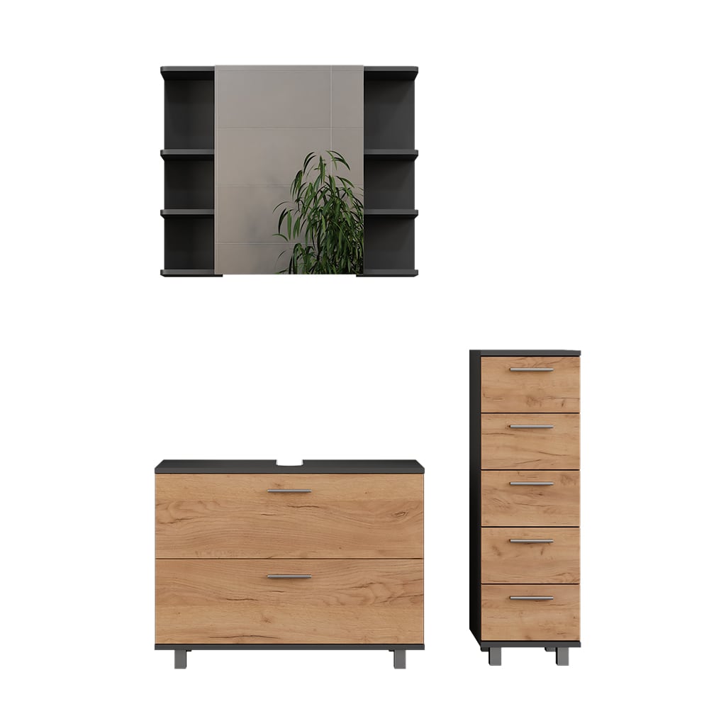 Vicco Badmöbel-Set 3-teilig Goldkraft Eiche/Anthrazit 80x60.8cm style modern Braun Spanplatte
