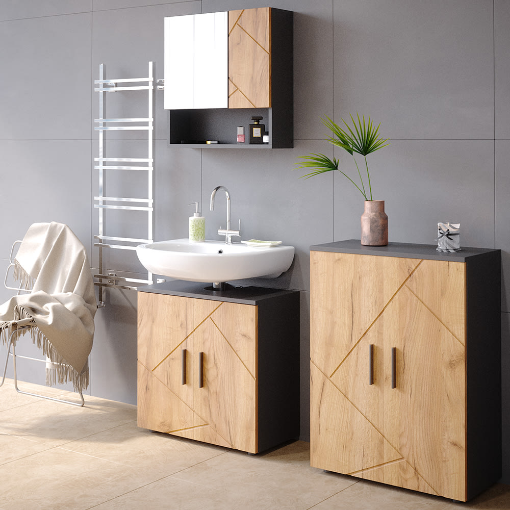 Meubles bain 2 pièces avec armoire de milieu Chêne doré 60x81cm