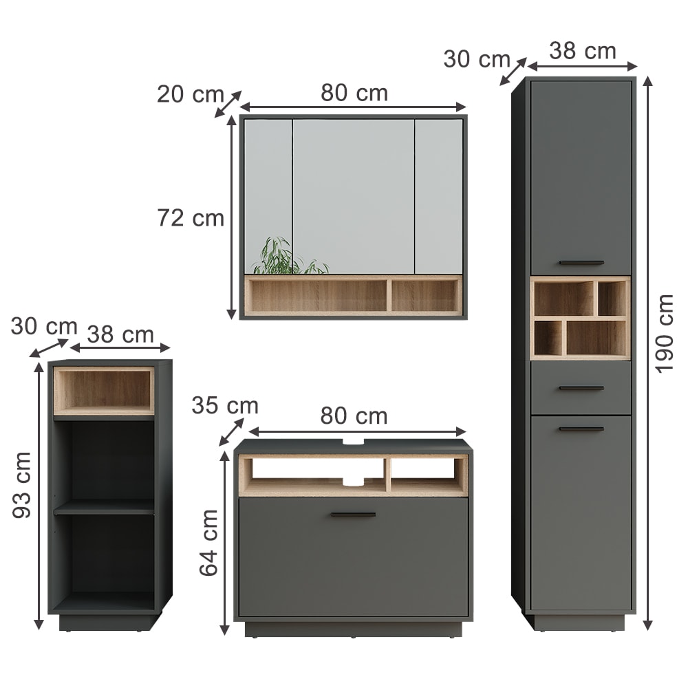 Badmöbel-Set 4-teilig Anthrazit/Sonoma 80x64cm - Maisons Du Monde