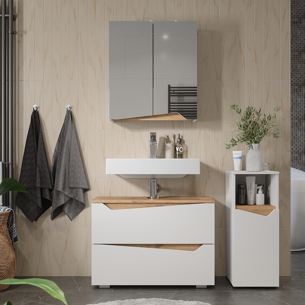 Badmöbel-Set 3-teilig Weiß/Artisan-Eiche 80x57.5cm - Maisons Du