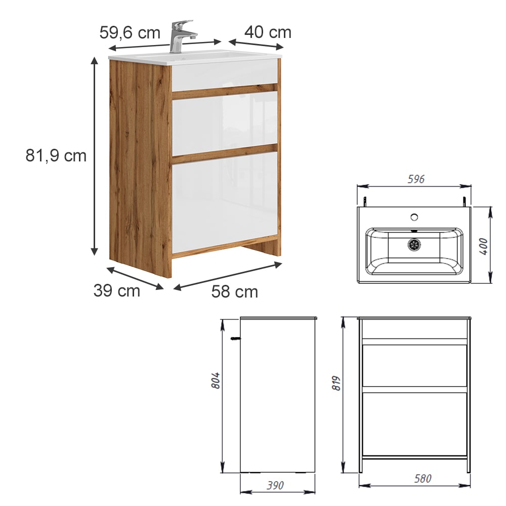 Waschbeckenunterschrank 2-teilig Goldkraft Eiche 60x81.9cm -