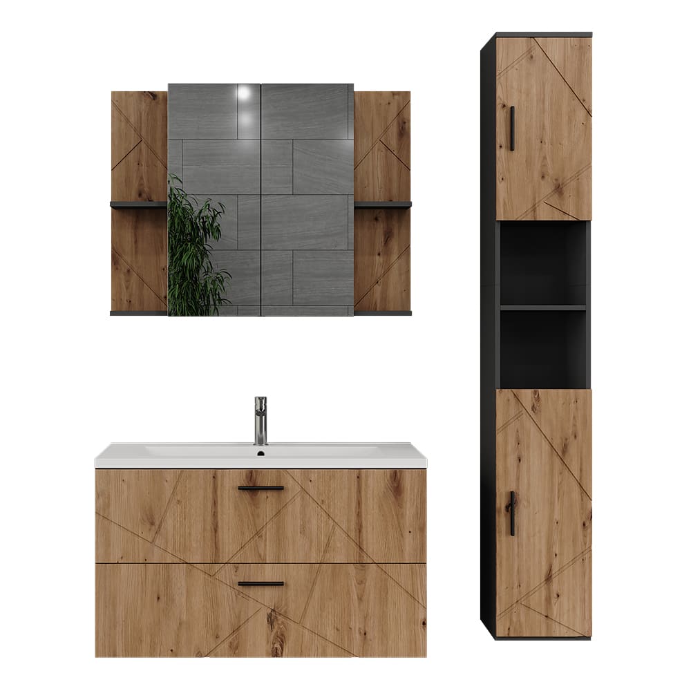 Vicco Badmöbel-Set 3-teilig Anthrazit/Goldkraft Eiche 100x57cm style modern Schwarz Spanplatte