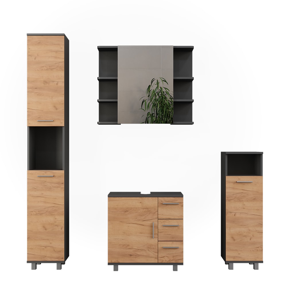 Vicco Badmöbel-Set 4-teilig Goldkraft Eiche/Anthrazit 60x60.8cm style modern Braun Spanplatte
