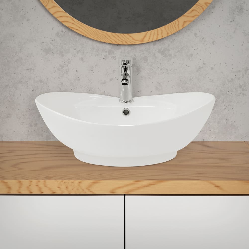 Waschbecken aus Keramik Weiß glänzend 59x20,5x39,5 cm, Ovale -