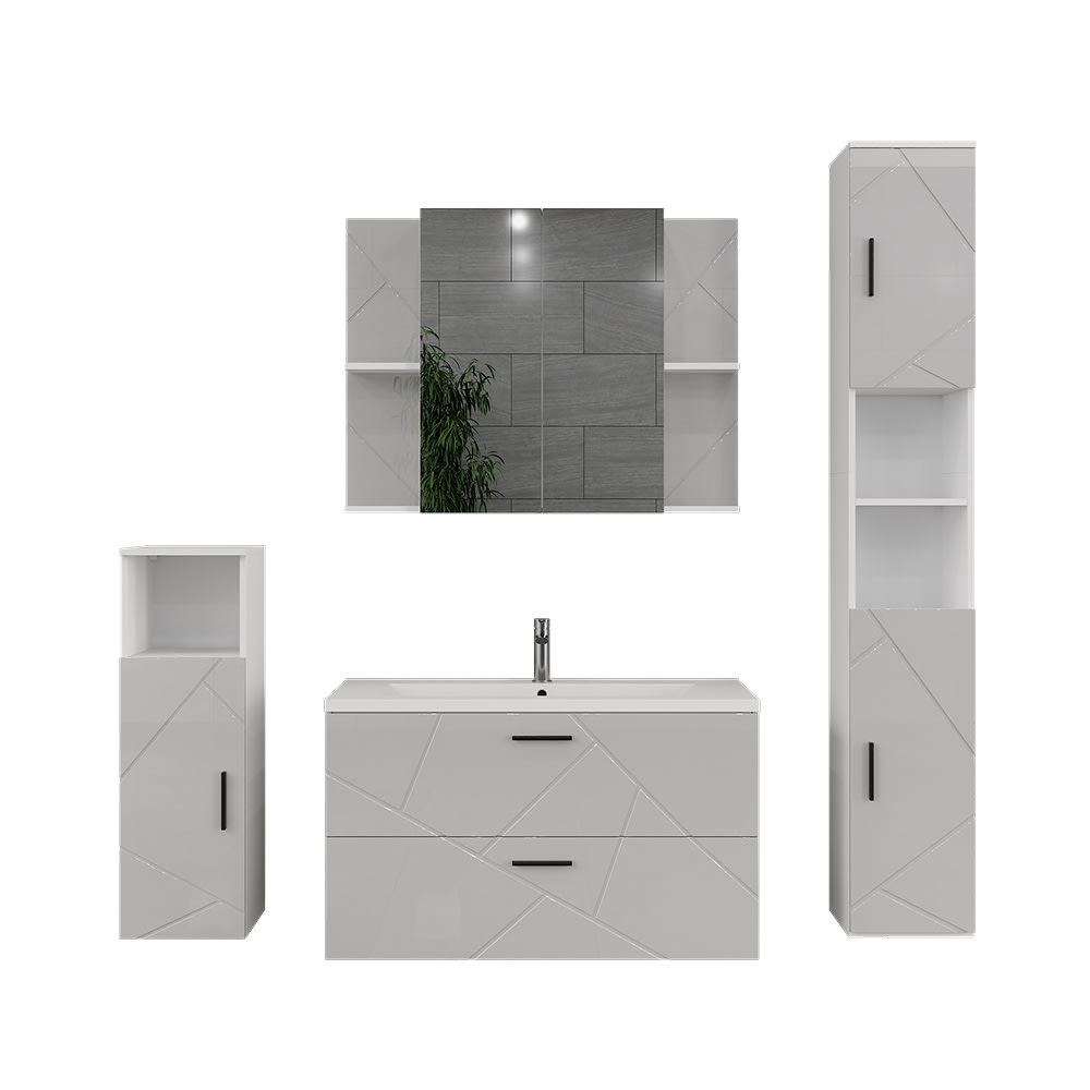 Vicco Badmöbel-Set 5-teilig Weiß/Weiß Hochglanz 100x57cm style modern Weiß Spanplatte