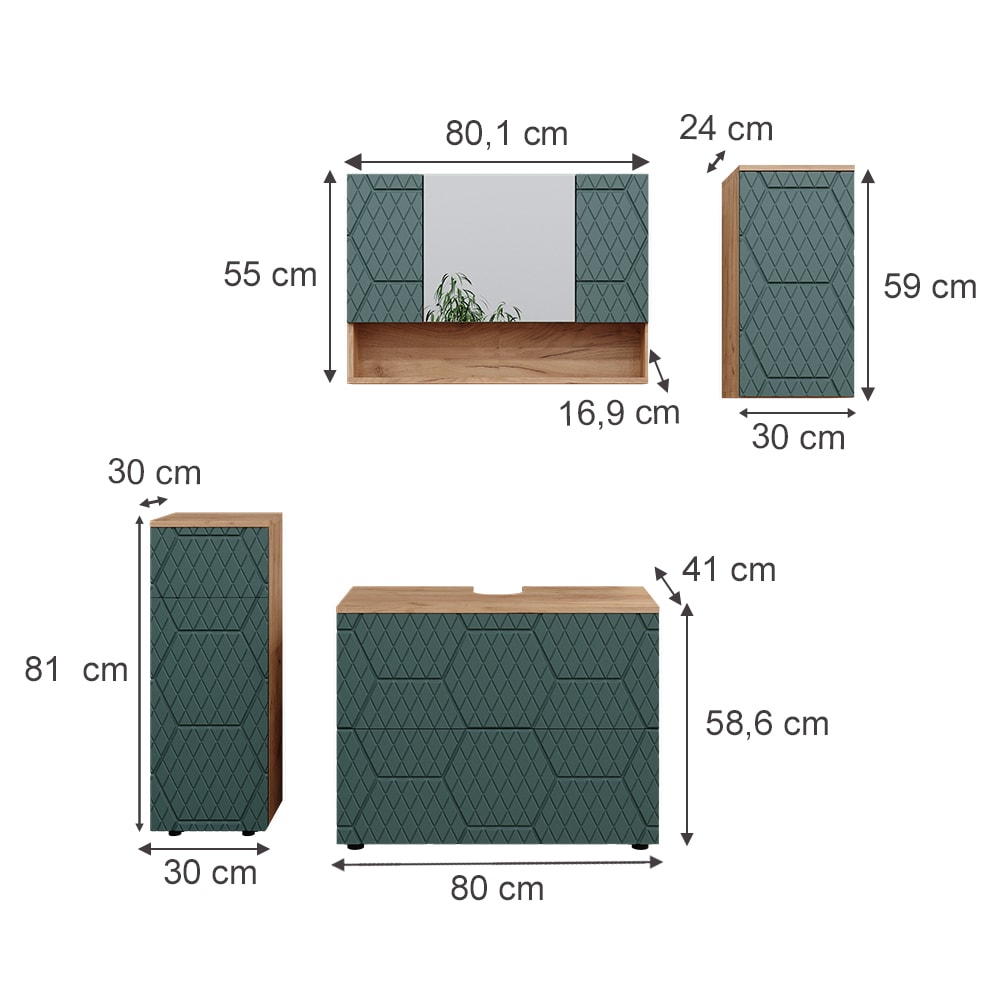 Badmöbel-Set 4-teilig Grün/Goldkraft Eiche 80x58.6cm - Maisons Du