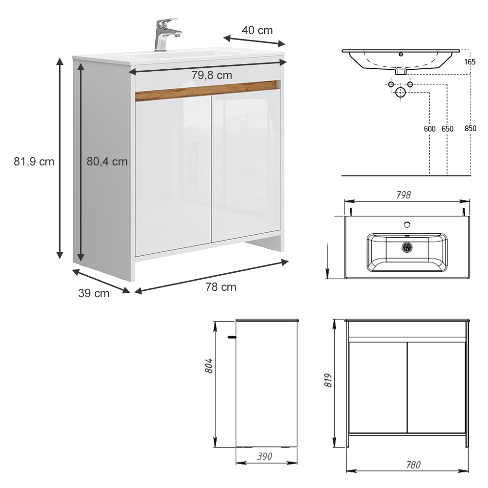 Waschbeckenunterschrank 2-teilig Weiß Hochglanz 80x80.4cm -