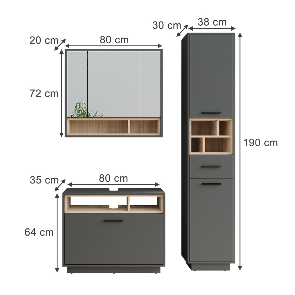 Badmöbel-Set 3-teilig Anthrazit/Sonoma 80x64cm - Maisons Du Monde
