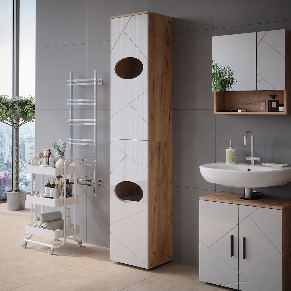 Wäscheschrank , Goldkraft Eiche/Weiß Hochglanz 37.2 x 192 cm -