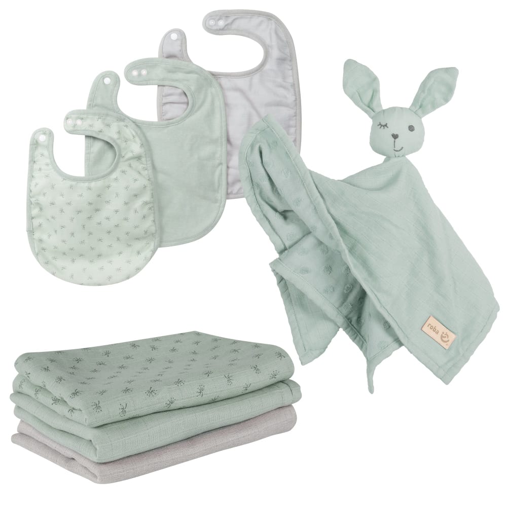 Set cadeau bébé 3 bavoirs 3 langes 1 doudou en coton bio vert