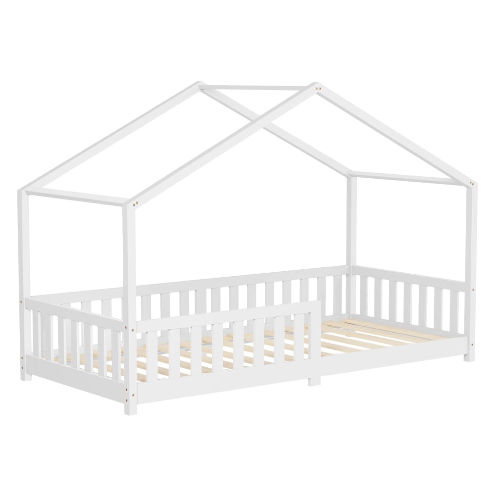 ML-Design Hausbett 90x200 cm Weiß aus Kiefernholz mit Rausfallschutz Weiß Baby