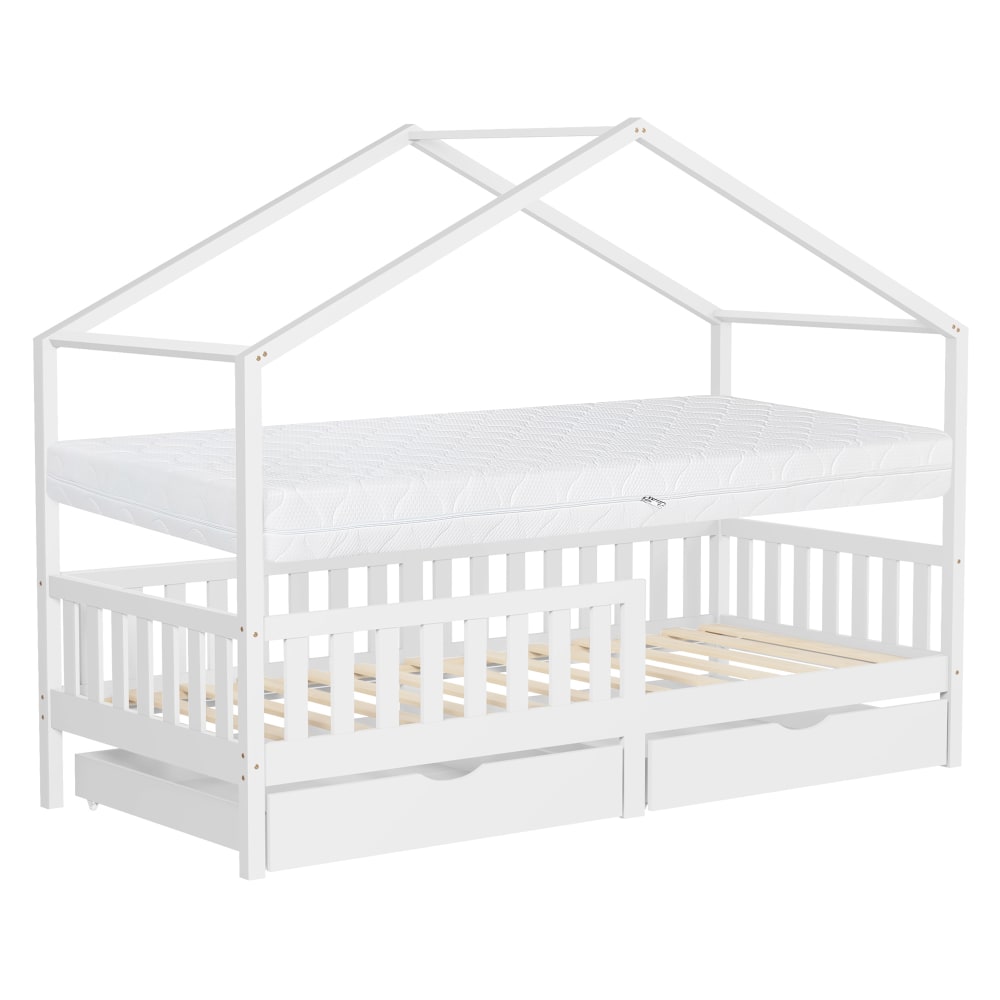 Lit cabane enfant 2 tiroirs 90x200 cm matelas et barrière inclus blanc