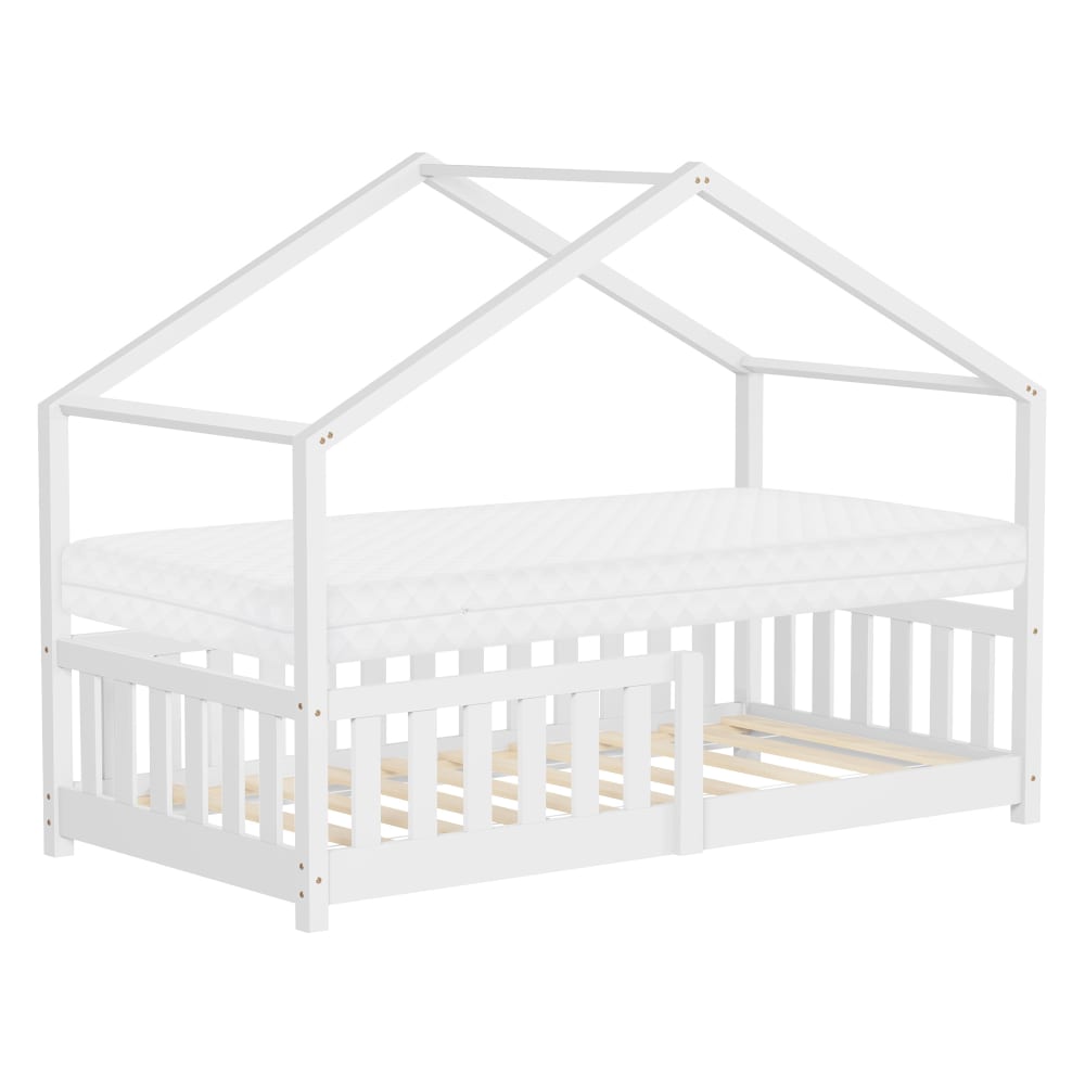 Lit cabane enfant 80x160 cm sommier matelas et barrière inclus blanc