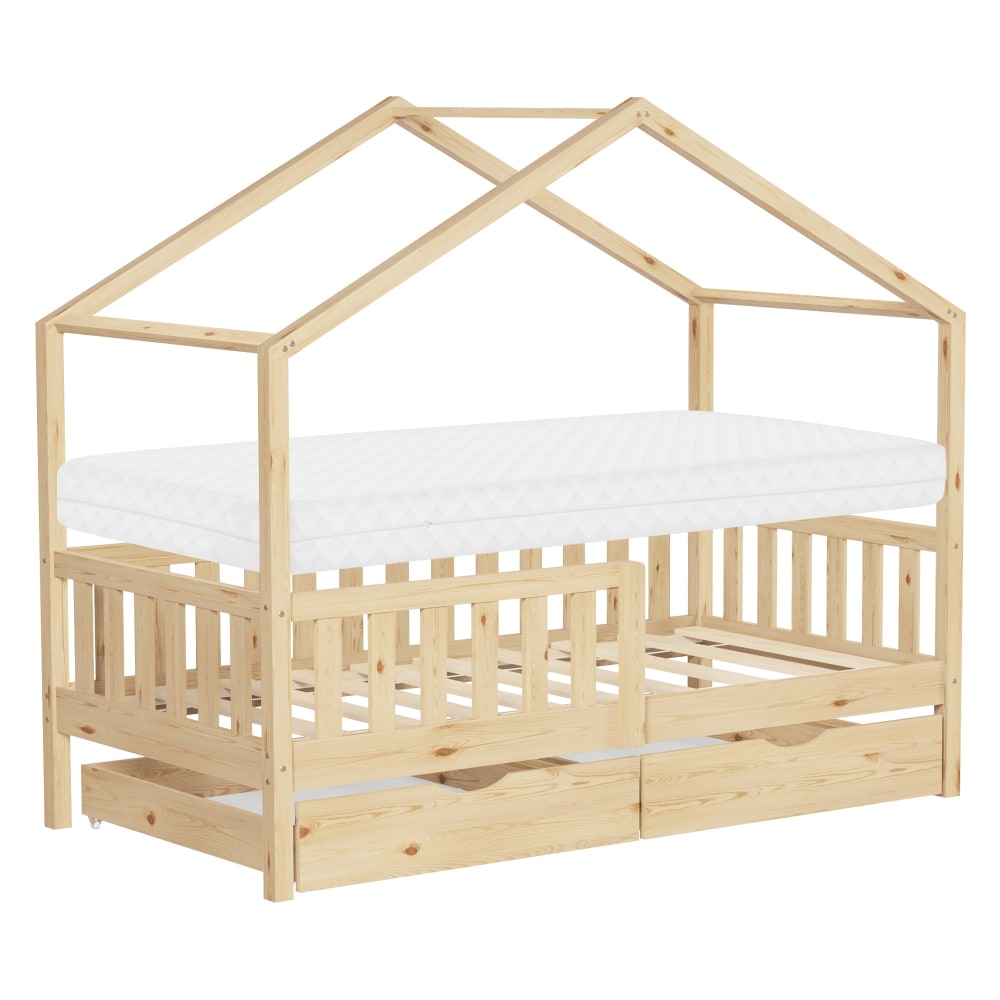 Lit cabane enfant 2 tiroirs 80x160 cm matelas et barrière inclus beige