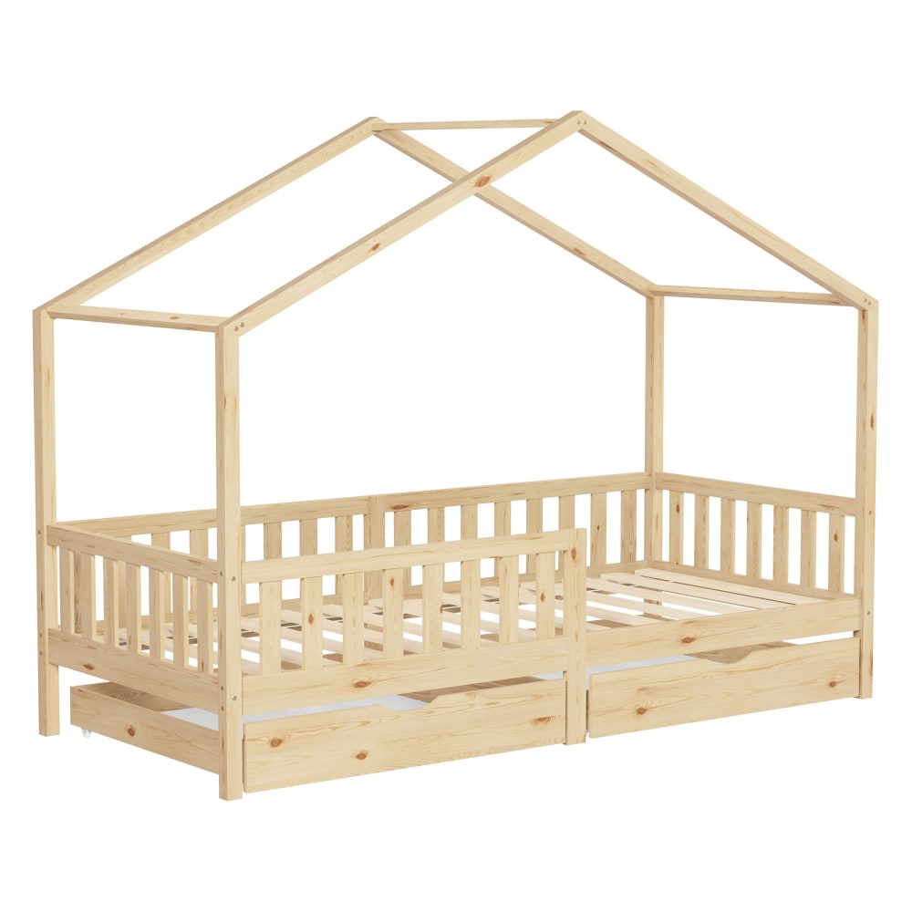 ML-Design Hausbett 90x200 cm Natur Kiefernholz mit 2 Schubladen, Rausfallschutz Beige Baby