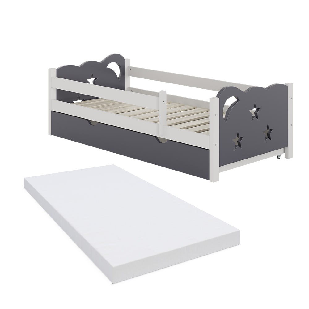 Lit pour enfant avec tiroir et matelas blanc/gris 166x53cm