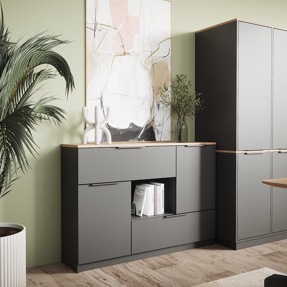 Commode t.s 2x porte 2x t. 1x compartiment ouvert Anthracit 120x83.6cm