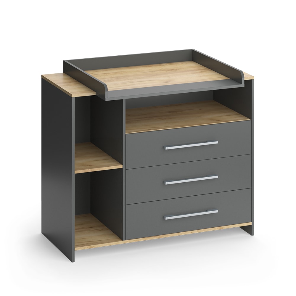 Wickelkommode mit 3 Schubladen Anthrazit/Goldkraft Eiche 113x93cm