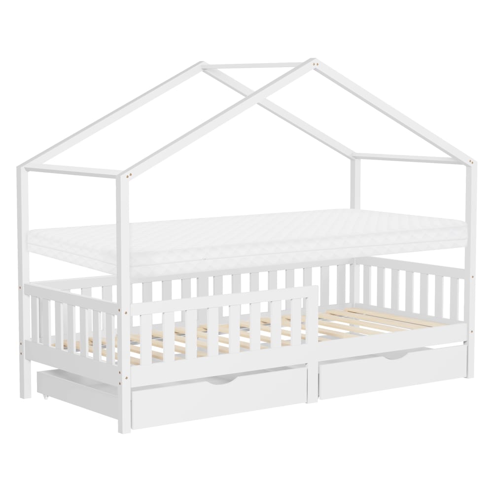 Lit cabane enfant 2 tiroirs 90x200 cm matelas et barrière inclus blanc