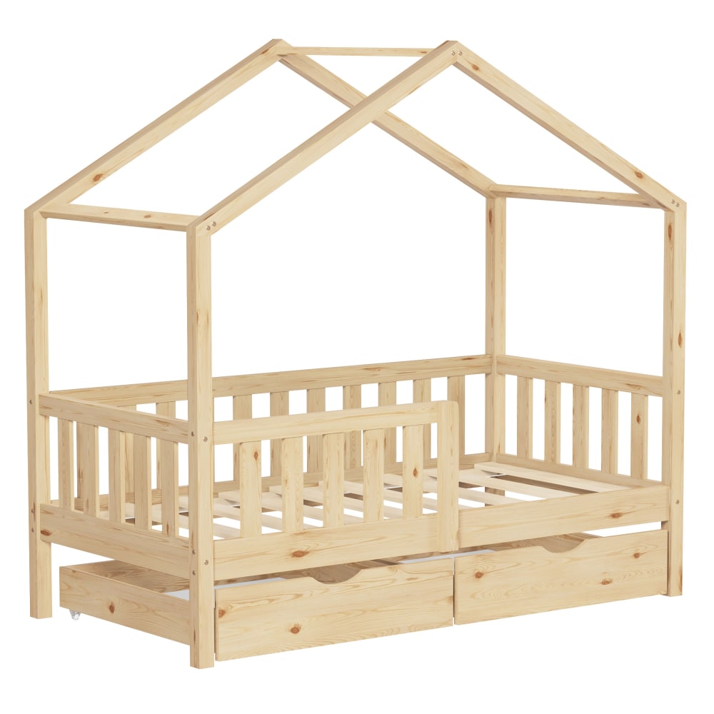 ML-Design Hausbett 70x140 cm Natur Kiefernholz mit 2 Schubladen, Rausfallschutz Beige Baby
