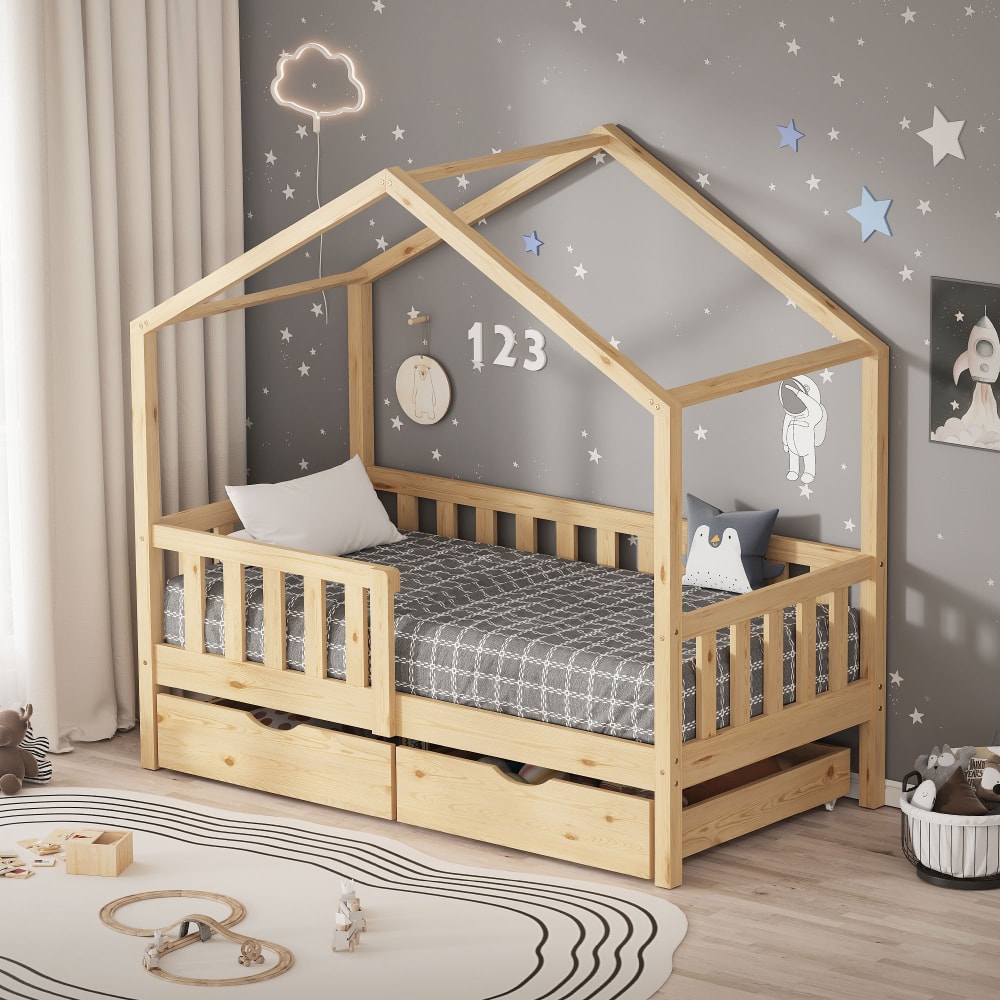 Hausbett 70x140 cm Natur Kiefernholz mit 2 Schubladen,