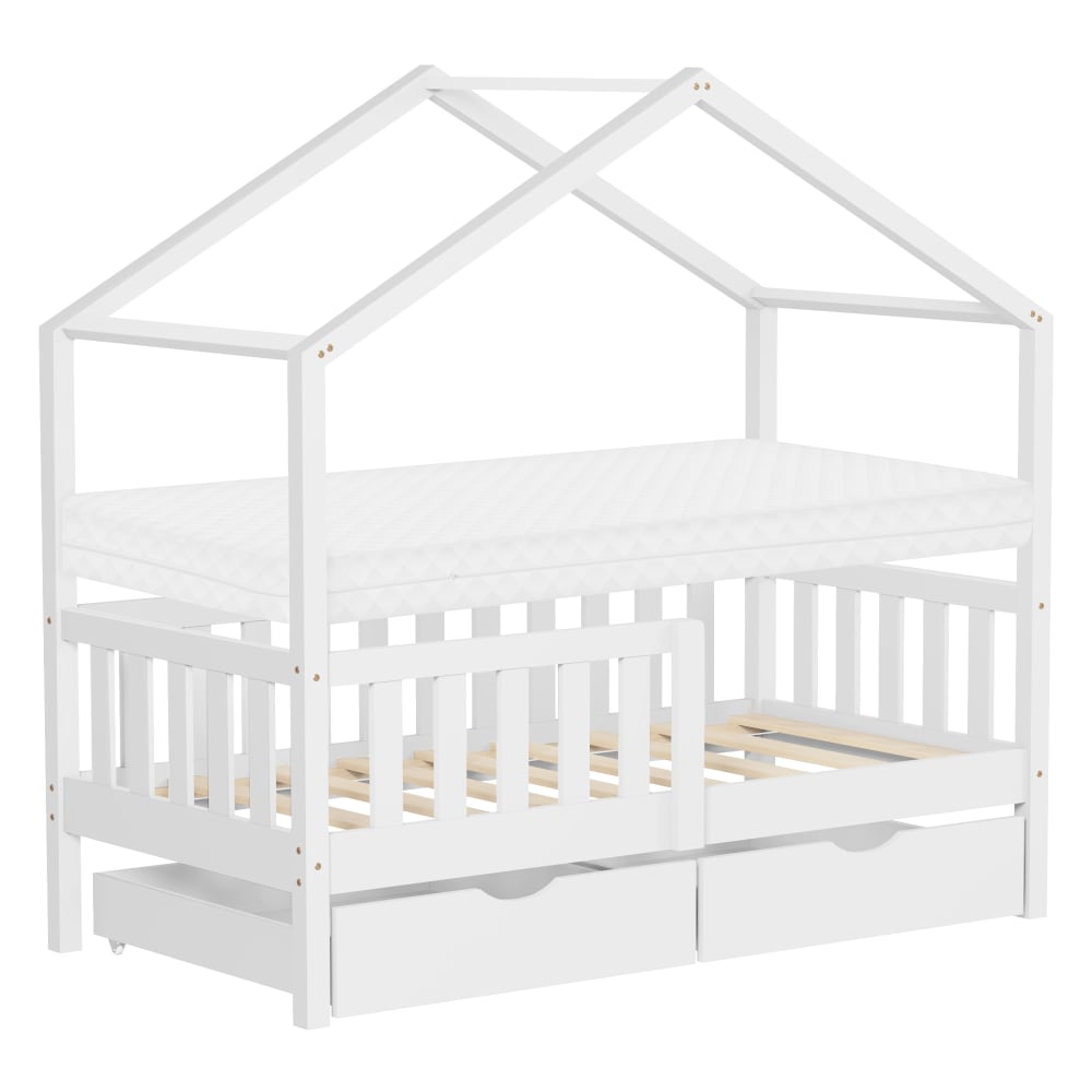 Lit cabane enfant 2 tiroirs 70x140 cm matelas et barrière inclus blanc