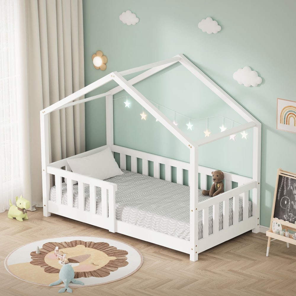 Hausbett 70x140 cm Weiß aus Kiefernholz mit Rausfallschutz -