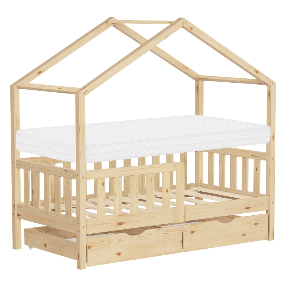 Lit cabane enfant 2 tiroirs 70x140 cm matelas et barrière inclus beige