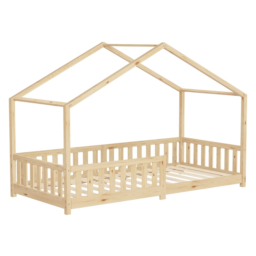 ML-Design Hausbett 90x200 cm Natur aus Kiefernholz mit Rausfallschutz Beige Baby