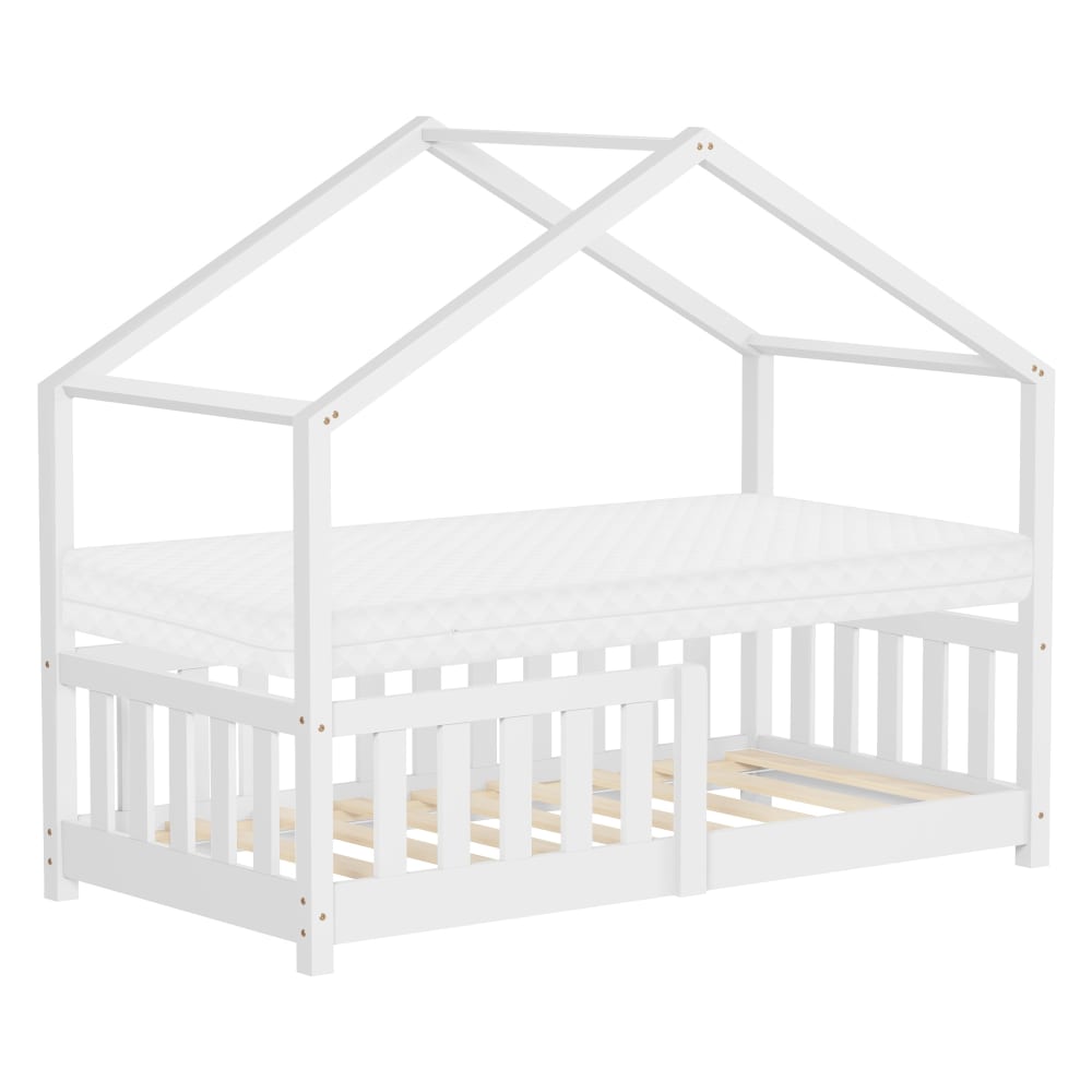 Lit cabane enfant 70x140 cm sommier matelas et barrière inclus blanc