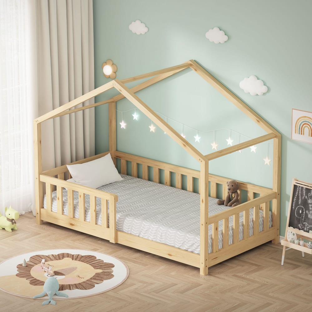 Hausbett mit Matratze 80x160 cm Natur aus Kiefernholz
